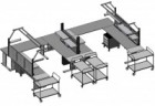 Velké dílenské pracoviště tvořené pracovními stoly řady WB doplněnými o perforované panely, police, ocelové skříňky, kabelové kanály a osvětlení. Vše doplňují vozíky s nastavitelnými policemi.
